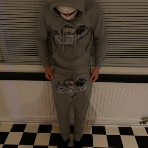 Grå Trapstar mjukisbyxor med tryck - Säljer ett par grå mjukisbyxor från Trapstar med stort broderat och tryckt motiv på framsidan. Byxorna har snörning i midjan och en loose passform, perfekta för chill dagar. Matchar hoodien för en komplett look.