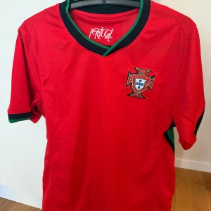 Portugal Ronaldo 7 fotbollströja röd - Snygg röd Portugal fotbollströja med gröna och svarta detaljer i krage och ärmslut. På bröstet finns Portugals landslagsemblem och på ryggen står det Ronaldo 7 i vitt. Perfekt för dig som vill hylla Cristiano Ronaldo. Tillverkad i lätt och ventilerande material.