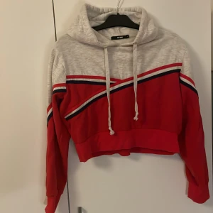Hoodie  - Säljer en snygg grå och röd hoodie från Bik Bok. Hoodien är croppad. Storlek L.