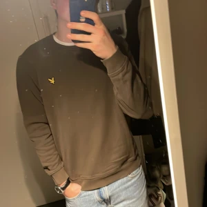 Mörkgrön/Brun sweatshirt från Lyle & Scott - Säljer en mörkbrun/brun sweatshirt från Lyle & Scott med deras klassiska gula fågel-logga på bröstet. Tröjan har rund halsringning med vit kant och långa ärmar. Perfekt för en avslappnad stil.