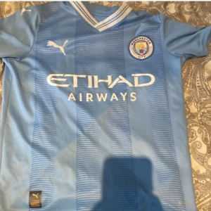 Manchester City Puma matchtröja - Snygg Manchester City fotbollströja från Puma i ljusblått med tunna mörkblå ränder. Klassisk V-ringad krage med vita och blå detaljer, klubbmärke på bröstet och Etihad Airways-tryck. Tillverkad i lätt och ventilerande polyester, perfekt för match eller träning.