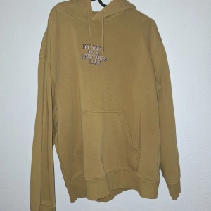 Beige hoodie från H&M med tryck - Säljer en beige hoodie från H&M i relaxed fit med huva och känguruficka. På bröstet och ryggen finns trycket 'Echoes of a previous life' och ett blått motiv. Perfekt för dig som gillar streetstyle och snygga detaljer.