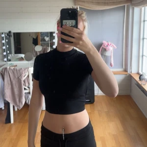 Svart croppad topp med öppen rygg - Säljer en svart croppad topp med hög hals och korta ärmar. Toppen har en snygg öppen rygg med knytband nedtill som ger en unik look. Perfekt för dig som vill sticka ut och gillar trendiga detaljer.