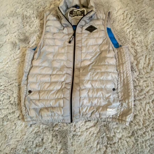 Ljusgrå dunväst från Replay - Säljer en ljusgrå dunväst från Replay med svart logotyp på bröstet och dragkedja framtill. Västen har två fickor med knappstängning och blått innerfoder. Perfekt för lager-på-lager under kyliga dagar.