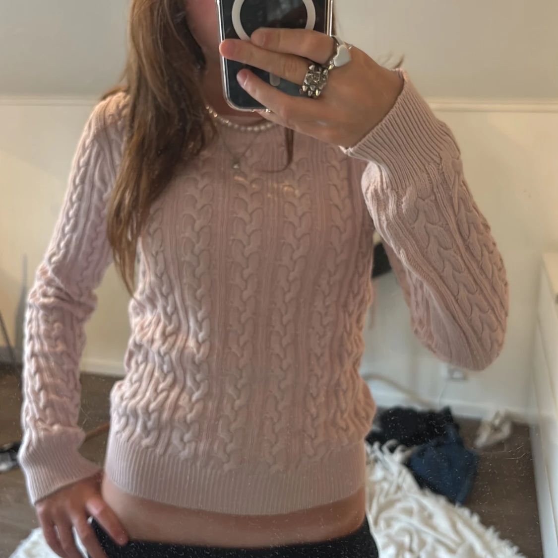 Ljusrosa kabelstickad tröja H&M