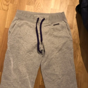 Grå shorts från Peak Performance - Säljer ett par grå shorts från Peak Performance med lila snörning i midjan och en bakficka med tryck. Perfekta för en avslappnad stil.
