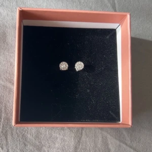 Glittriga silvriga örhängen - Säljer ett par runda silvriga örhängen med glittrande stenar i blomformad design. Aldrig använda.