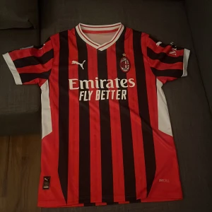 AC Milan matchtröja Puma röd/svart - Snygg AC Milan fotbollströja från Puma med klassiska röda och svarta ränder, klubbmärke på bröstet och Emirates-sponsring. Kortärmad modell i lätt och ventilerande material, perfekt för match eller träning. V-ringad krage med vita detaljer.