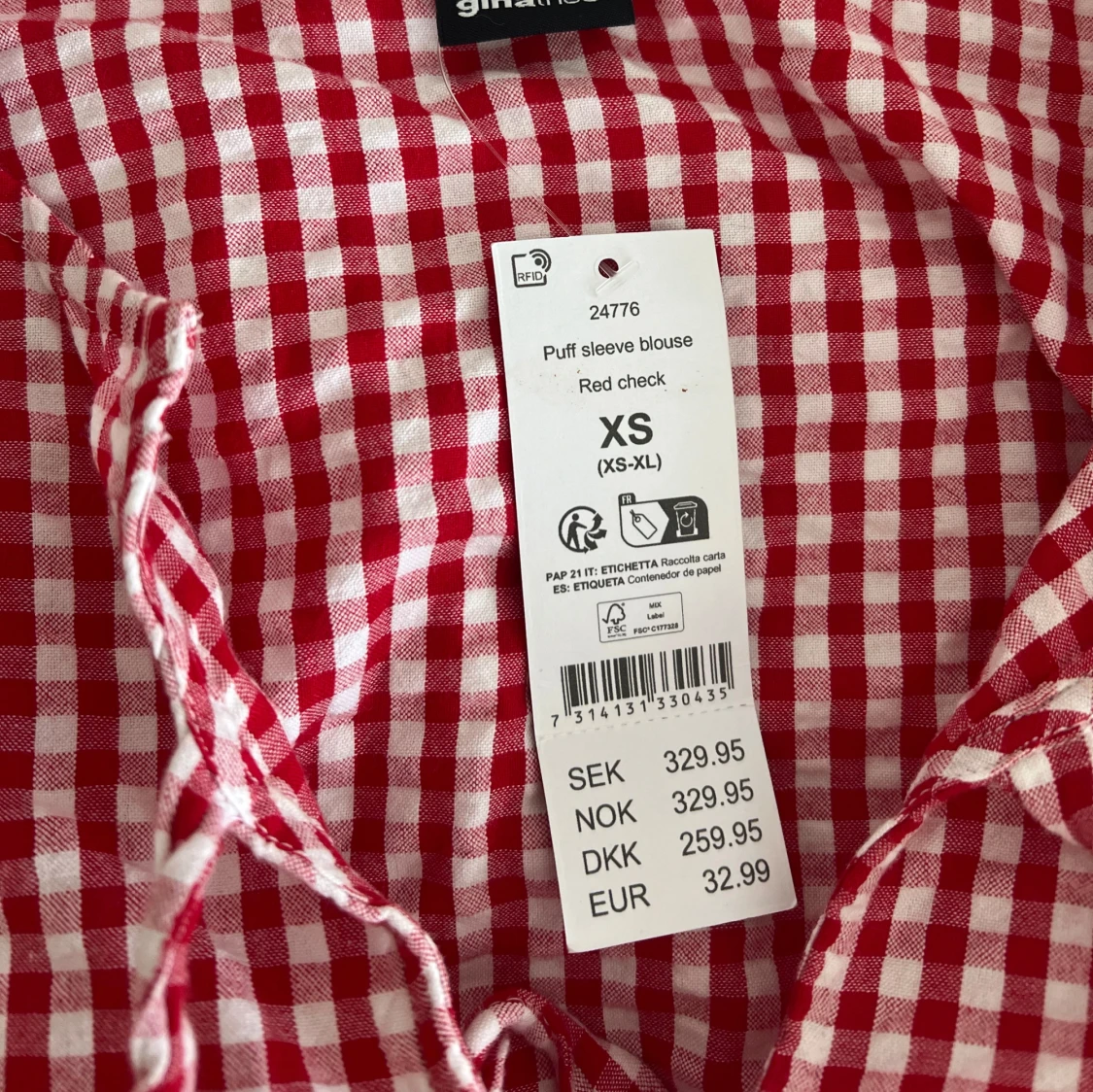 Gingham rutig röd blus med puffärm - 3