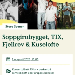 LISEBERG SOPPGIRO, TIX, FJELLREV, KUSELOFTE 2 Augusti - Köpte två extra ifall ja hade nån polare som skulle med och tänkte sälja om ingen mer skulle med, så nu säljs dem😄Högstbjudande får dem, finns annonsen kvar, Finns biljetterna kvar
