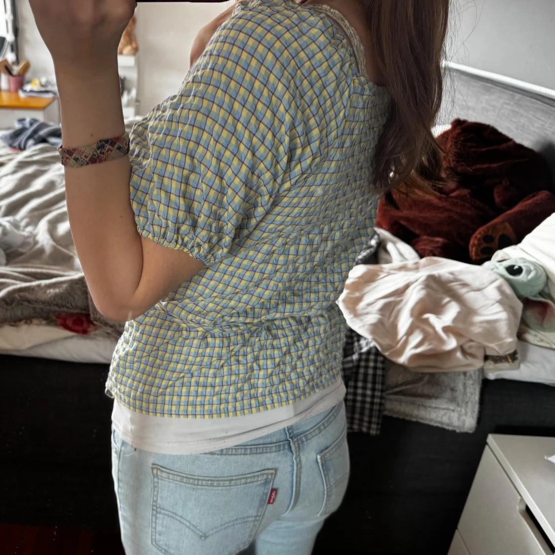 Rutig omlottopp i blått och gult - 1