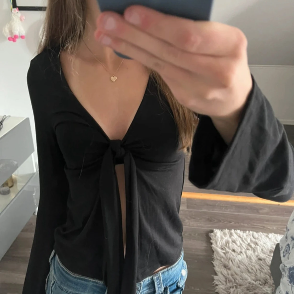 Svart långärmad knytblus XS - 1
