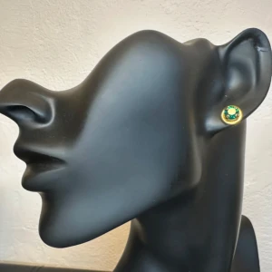 Vintageörhängen med smaragdgrön glassten och guldfärgad ram - Eleganta vintageörhängen med gnistrande smaragdgröna glasstenar infattade i guldfärgad metall. Klassisk design med stiftfäste – perfekt storlek för både vardag och fest. Dessa örhängen kommer från ett äldre smyckeskrin och är i mycket fint skick med endast små spår av ålder. En tidlös detalj för dig som gillar retrostil eller klassisk elegans med historia. Priset är fast – jag accepterar inte prutning, men erbjuder gärna rabatt vid köp av flera saker. Passa på att kika in mina andra annonser!