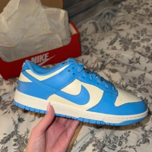 Nike Dunk Low blå och vita sneakers - Säljer ett par Nike Dunk Low sneakers i blått och vitt. Skorna har klassisk låg siluett, snörning och rund tå. Perfekta för dig som gillar streetwear och vill sticka ut med färg. Kommer med originalkartong.