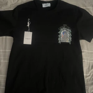 Svart t-shirt från Casablanca med tryck - Svart t-shirt från Casablanca med färgglatt tryck av en byggnad och gröna blad på både bröstet och ryggen. T-shirten har rund hals och korta ärmar. Perfekt för dig som gillar streetwear och snygga prints. ‼️‼️Köpte den för 1000kr och säljer den för 300kr. Tyvär la jag den in i tvätten i för varm värme som gjorde så att trycket på tröjan är sönder men ser fortfarande snygg ut.‼️‼️🔅 Pris kan diskuteras🔅