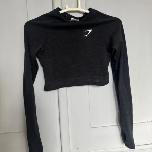 Långärmad tröja från Gymshark - Kort träningströja från Gym Shark i grå färg. Är hål i ärmarna för att tummarna ska få plats och användas som ”handske”.  Fint skick men använd många gånger.