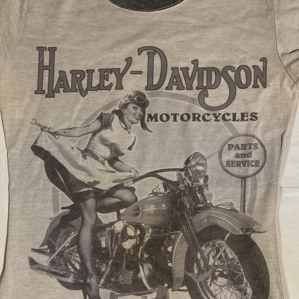 Säljer denna Harley Davidson tröja med coolt tryck. Står M men skulle säga att den är mer av en S. . T-shirts.