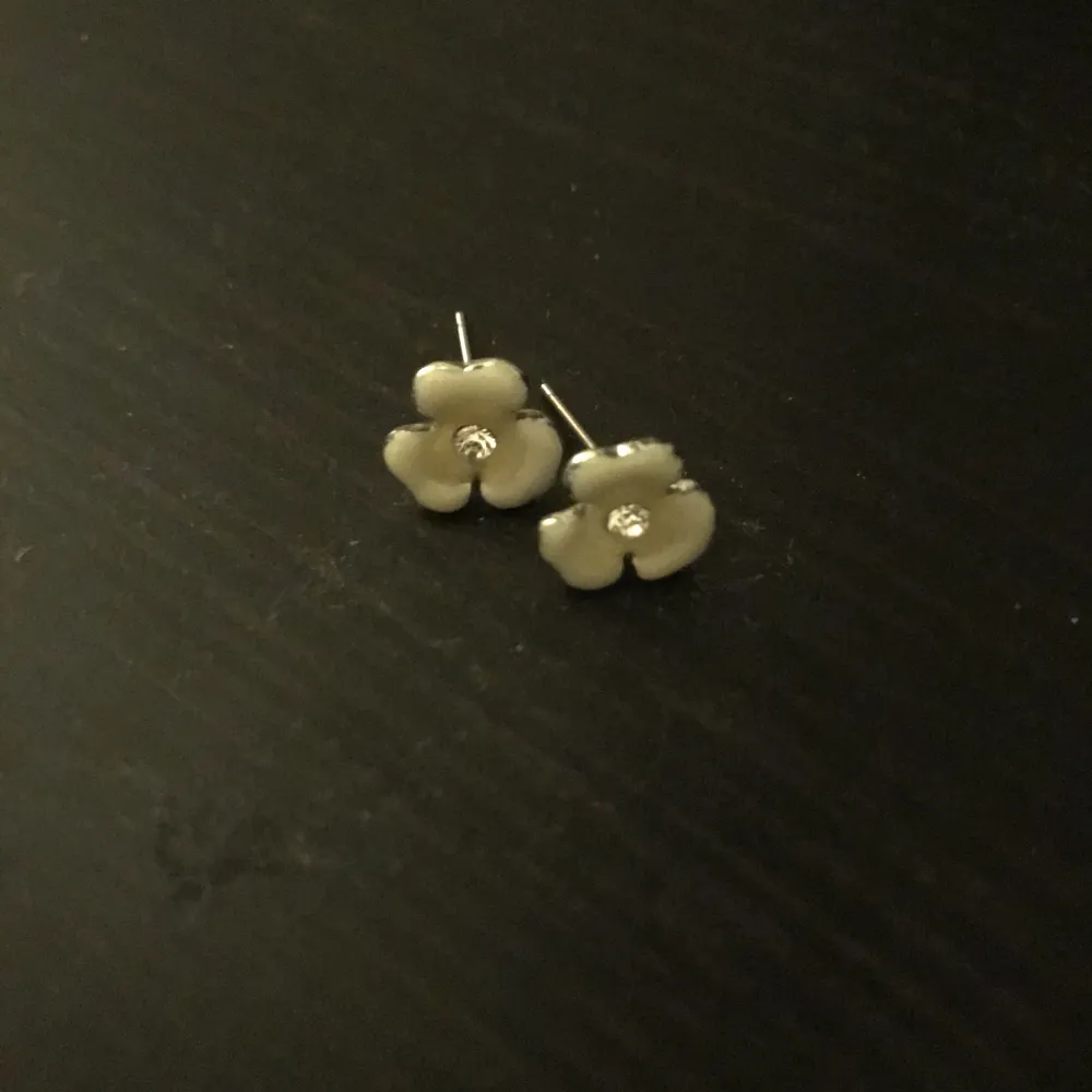 Ett par örhängen som har vita blommor med en silvrig prick i mitten . Accessoarer.
