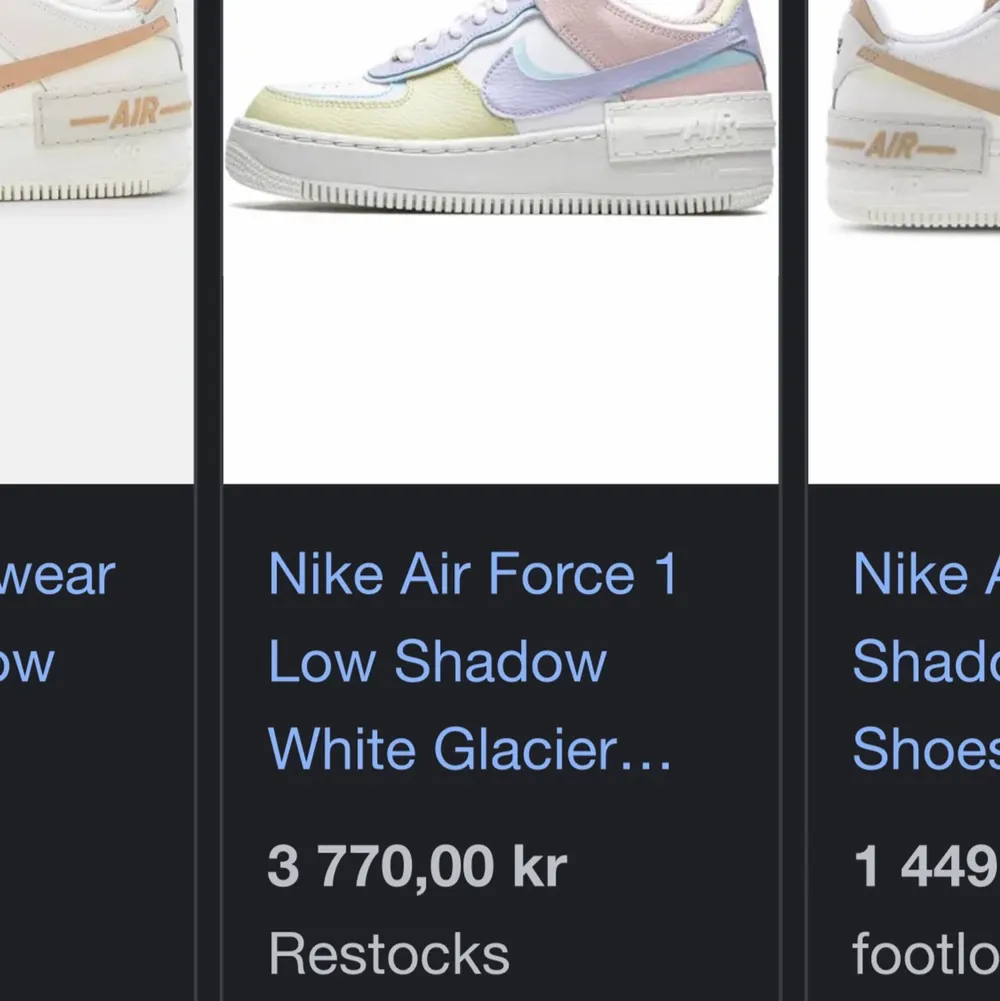 Säljer mina fina, knappt använda Nike Airforce low shadow pastell!✨nypris minst 3000kr. Jag tänkte sälja för 900kr. Jag är i vanliga fall 36-37 i storleken och skulle säga att dessa har normalstorlek. Säljer dessa eftersom jag har lite mycket skor i garderoben, kommer därför inte till användning 😓 perfekta till sommaren❤️. Skor.