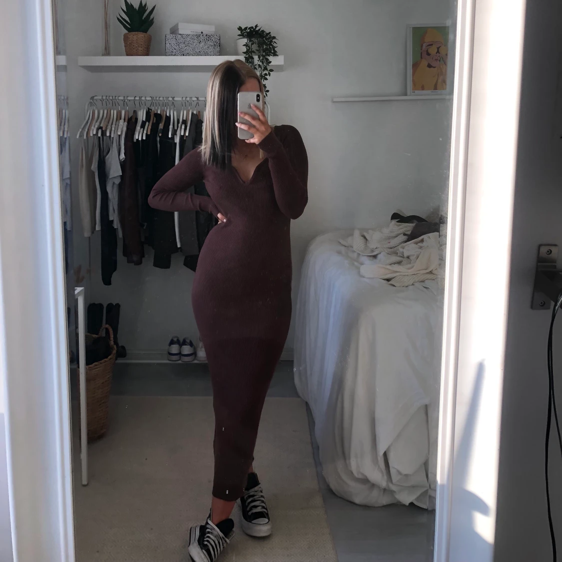 Brun stickad långklänning  - 90