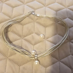 Set  - Ett pärlhalsband med örhängen. Kedjen är i läderimitation. 