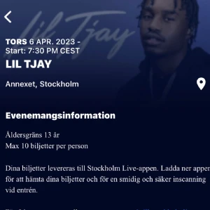 Lil tjay biljett  - Hej säljer en lil tjay biljett (kanske 2) till konserten den 6 april. Säljs för originalpris. Bara seriösa köpare, kan skicka kontaktuppgifter så ni vet att det är seriöst 💗
