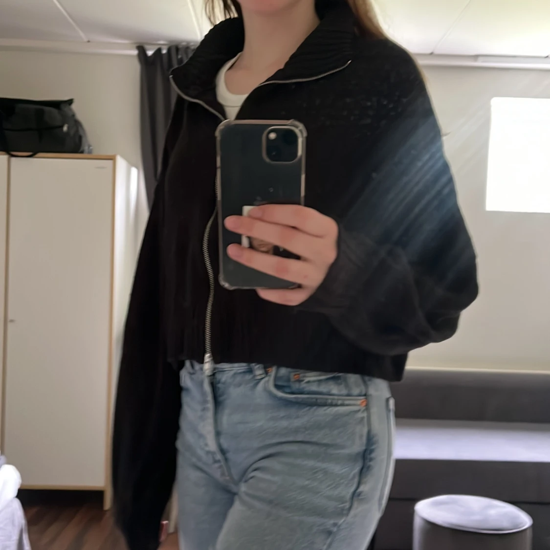 Svart stickad zip-up med krage - 90