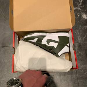Helt nya Nike dunk high khaki green i Storlek 43. Köpta på Footlocker i Danmark, kvitto och originalbox finns samt skickas med vid köp