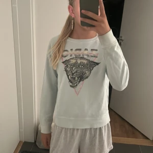 Vit tröja från Zadig & Voltaire med pantertryck - Säljer en supercool baby blå tröja från Zadig & Voltaire. Den har ett stort tryck av en panter på framsidan med texten 'ZADIG' ovanför. Tröjan är långärmad och gjord av bomull, vilket gör den både bekväm och stilren. Perfekt för höst och vår! 🐾