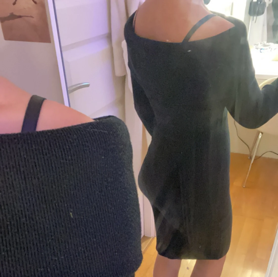 Stickad lång off shoulder klänning - 90