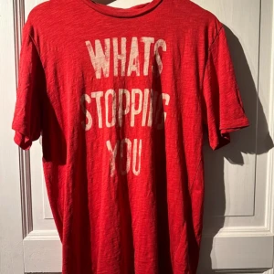 Röd t-shirt från Lee - Säljer en röd t-shirt från Lee med texten 'WHAT'S STOPPING YOU' tryckt på framsidan. T-shirten har en normal passform och är kortärmad, perfekt för en avslappnad stil.