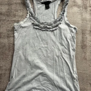 Vit linnetopp från H&M - Säljer en ljusblå linne topp  från Mango i storlek S. Toppen har fina spetsdetaljer runt halsringningen och är ärmlös, perfekt för sommardagar. Materialet är mjukt och bekvämt, vilket gör den idealisk för både vardag och festliga tillfällen.