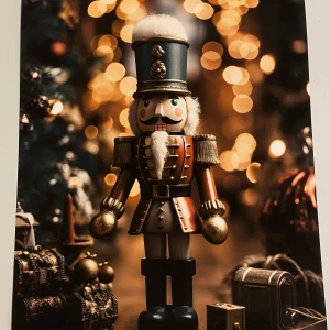 Nötknäppare Poster  - En klassisk nötknäppare i en festlig julmiljö. Den har en traditionell design med en blå hatt, röd uniform och guldiga detaljer. Perfekt som dekoration under julen med sin charmiga och nostalgiska stil. Bakgrunden är fylld med julbelysning och presenter, vilket förstärker den mysiga julkänslan.50x70