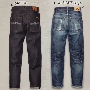 Säljer ett par schyssta jeans från Nudie! Jeansen är ovanliga och svåra att få tag i. De är väldigt exklusiva då de är tillverkade av japansk selvage denim. Materialet skapar en unik färg och karaktär över tid (Se bild 1) Skick, 9/10! Nypris: 3500 kr