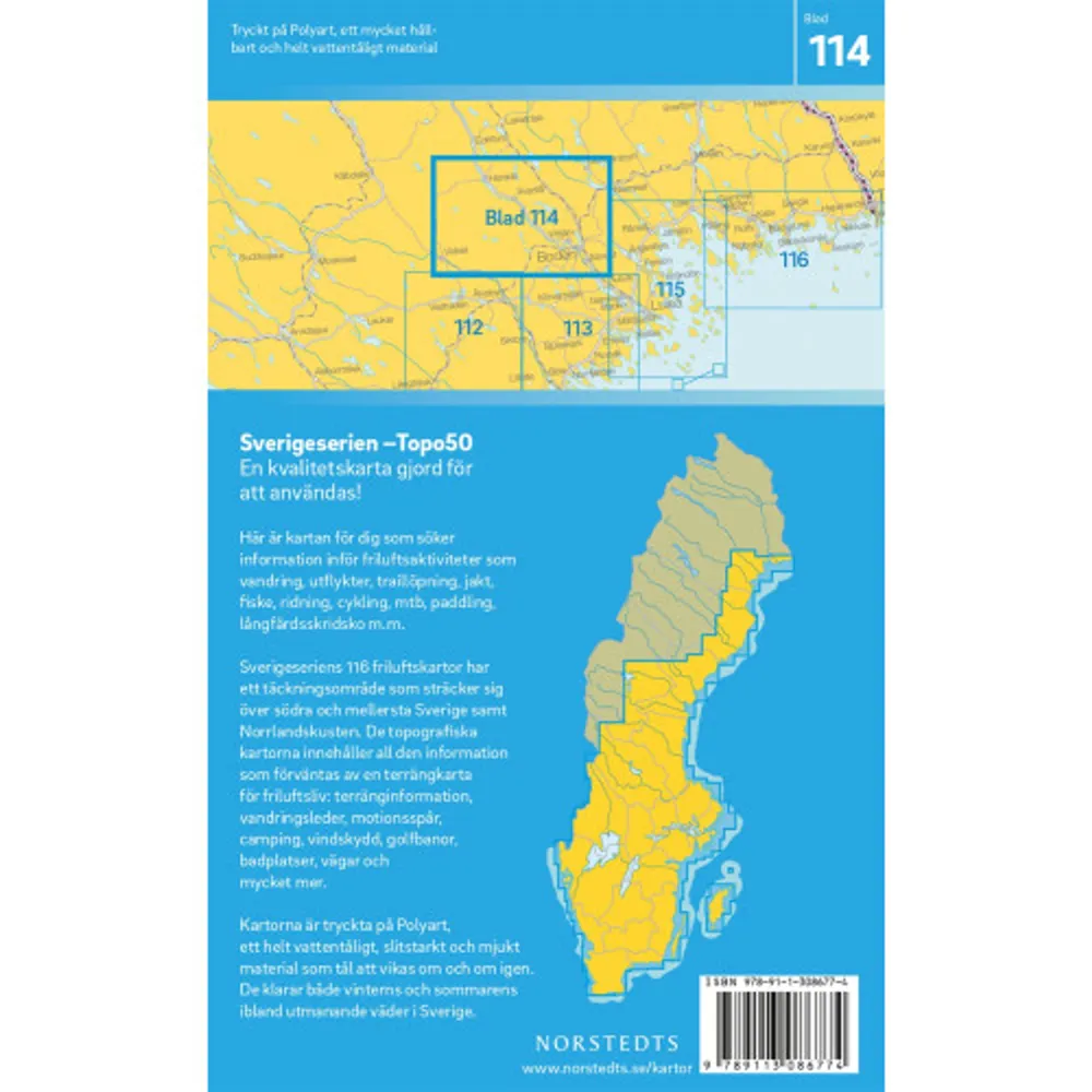 Sverigeseriens friluftskartor är en serie om 116 kartor med ett täckningsområde som sträcker sig över södra och mellersta Sverige samt Norrlandskusten. Det är kartan för dig som söker information inför friluftsaktiviteter som vandring, utflykter, traillöpning, jakt, fiske, ridning, cykling, mtb, paddling, långfärdsskridsko m.m.De topografiska kartorna i skala 1:50 000 innehåller all den information som förväntas av en terrängkarta för friluftsliv: terränginformation, vandringsleder, motionsspår, camping, vindskydd, golfbanor, badplatser, fornlämningar, vägar graderade i olika klasser, järnvägslinjer och mycket mer.Topografin är lätt att läsa med höjdkurvor i intervaller om 5 meter. Tillsammans med redovisning av olika marktyper och natur syns miljön tydligt. Här visas bland annat olika typer av skog, öppen eller odlad mark, berg, sankmark, sjöar, vattendrag, vägar, leder och stigar. Högre byggnader som vindkraftverk, kraftledningar, master och torn är bra symboler på kartan att använda som riktmärken i naturen vid navigering.Sverigeserien är en kvalitetskarta som är gjord för att användas! Aktuellt kartdata är hämtat från Lantmäteriet och den är tryckt på Polyart som är helt vattentåligt och slitstarkt. Det mjuka materialet tål att vikas om och om igen. Den klarar både vinterns och sommarens ibland utmanande väder i Sverige. Kartorna har en utförlig teckenförklaring på svenska, engelska och tyska. . Böcker.