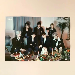 Poster med gruppbild från ENHYPEN - Säljer en enhypen affisch. Det finns en liten reva i posterns kant men jag har tejpat ihop den. Kontakta mig om du har fler frågor ☺️