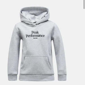 Grå hoodie från Peak Performance - Säljer en stilren grå hoodie från Peak Performance med broderad logga på bröstet. Tröjan har en praktisk känguruficka och en bekväm huva. Perfekt för en avslappnad look.