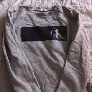Grå sweatshirt från Calvin Klein Jeans - Säljer en grå sweatshirt från Calvin Klein Jeans med ett färgglatt, regnbågsmönstrat tryck och CK-logga på bröstet. Tröjan har långa ärmar och en rund halsringning. Perfekt för en avslappnad stil.