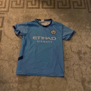 Blå fotbollströja med Haaland 9 - Säljer en blå fotbollströja med korta ärmar och trycket 'Haaland 9' på ryggen. Tröjan har en rund halsringning och klubbens emblem på bröstet. Perfekt för fotbollsfans!