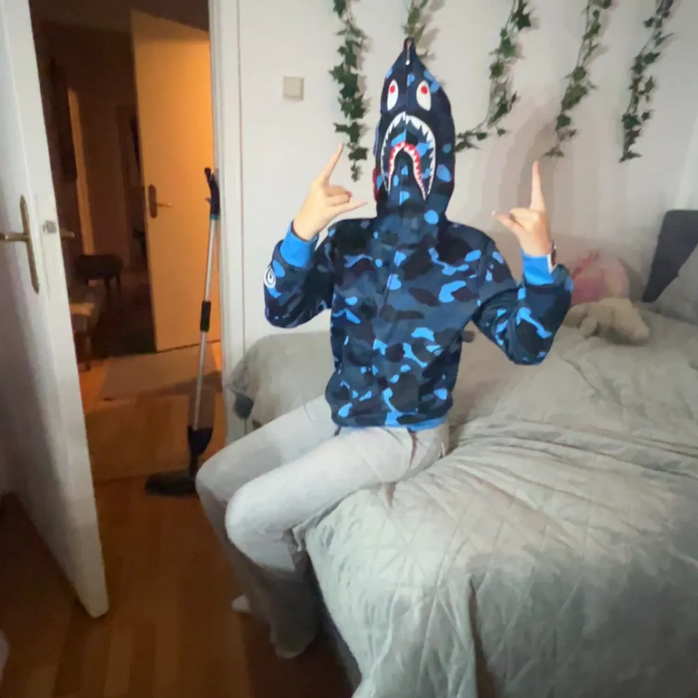 Säljer en blå bape hoodie knappt använd, pris kan diskuteras privat💕. Tröjor & Koftor.