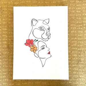 Dekorations tavla  - En minimalistisk teckning på en vit bakgrund som föreställer en linjekonst av ett djurhuvud och en människoprofil. Det finns färgglada blommor i rött och orange som dekorerar motivet. 42x30cm