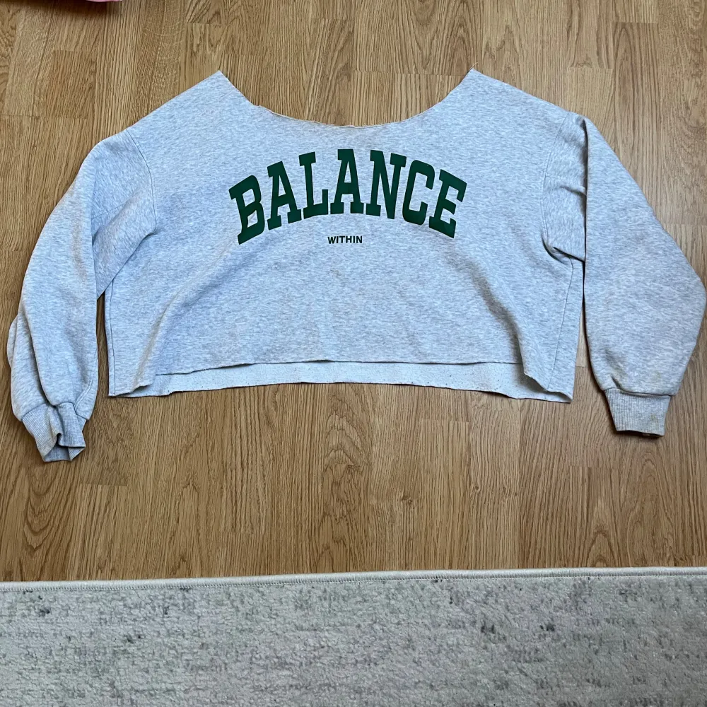 Säljer en grå croppad sweatshirt med texten 'BALANCE WITHIN' i grönt på framsidan. Tröjan har långa ärmar och en avslappnad passform, perfekt för en chill dag. Den är i bra skick och superbekväm att ha på sig. Passar perfekt till jeans eller leggings!. Tröjor & Koftor.