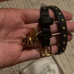 Alexander McQueen armband💗 - Snyggt svart armband från Alexander McQueen med guldfärgade nitar och en cool dödskalleberlock. Armbandet har ett guldfärgat spänne och är perfekt för att ge en edgy touch till din outfit.