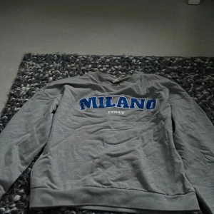 Grå tjocktröja där de står MILANO ITALY - Säljer en grå sweatshirt från Uniq Young med texten 'Milano Italy' i blått på framsidan. Tröjan har långa ärmar och en klassisk rund halsringning. Perfekt för en avslappnad stil. 🩶