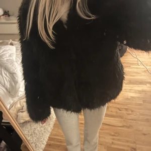 Svart pälsjacka - Säljer en snygg svart pälsjacka som är perfekt för kyligare dagar. Jackan har en fluffig och lyxig känsla med långa ärmar och en normal passform. 