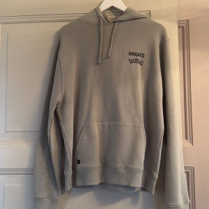 Grå hoodie från Axel Arigato - Säljer en grå/ grön hoodie från Axel Arigato med en cool design på ryggen som inkluderar en drake och text. Framsidan har en liten logotyp på bröstet. Hoodien har en känguruficka och justerbar huva med dragsko.