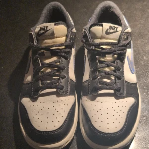 Nike Dunk i svart och vit - Snygga Nike Dunk sneakers i svart och vit med blå detaljer. Skorna har klassisk snörning och en perforerad tå för extra ventilation. Perfekta för en stilren look. Mycket fint skick.