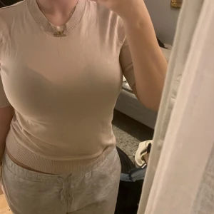 Beige kortärmad topp - Säljer en stilren beige topp med korta ärmar och rund halsringning. Är sååå skön och mjukt stretch material har aldrig använt den dock 