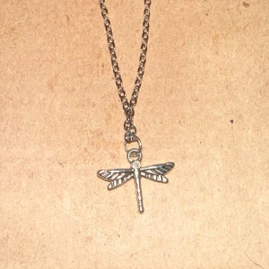 Halsband med trollslända - Säljer ett snyggt halsband med en hängande trollslända i silverfärg. Kedjan är enkel och stilren, perfekt för att ge en naturlig touch till din outfit. Passar både till vardags och fest!