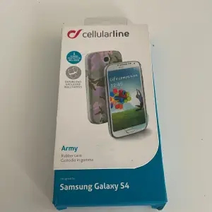 Säljer ett nytt mobilskal från Cellularline för Samsung Galaxy S4. Skalet har ett coolt kamouflagemönster i gröna och lila nyanser. Det är gjort av gummi och kommer med en skärmskyddare. Perfekt för att skydda din mobil med stil!